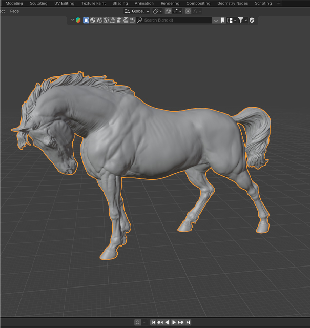 Modélisation 3D réaliste d’un cheval utilisée pour concevoir une sculpture équestre sur mesure