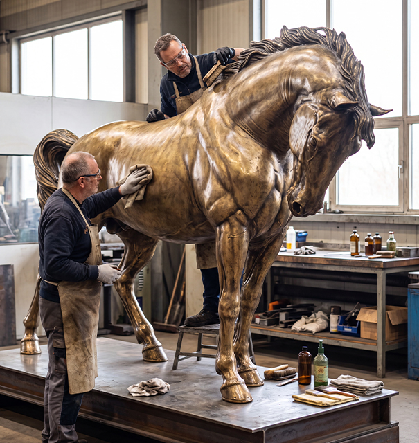 Artisans appliquant et contrôlant la patine d’une sculpture monumentale de cheval en bronze