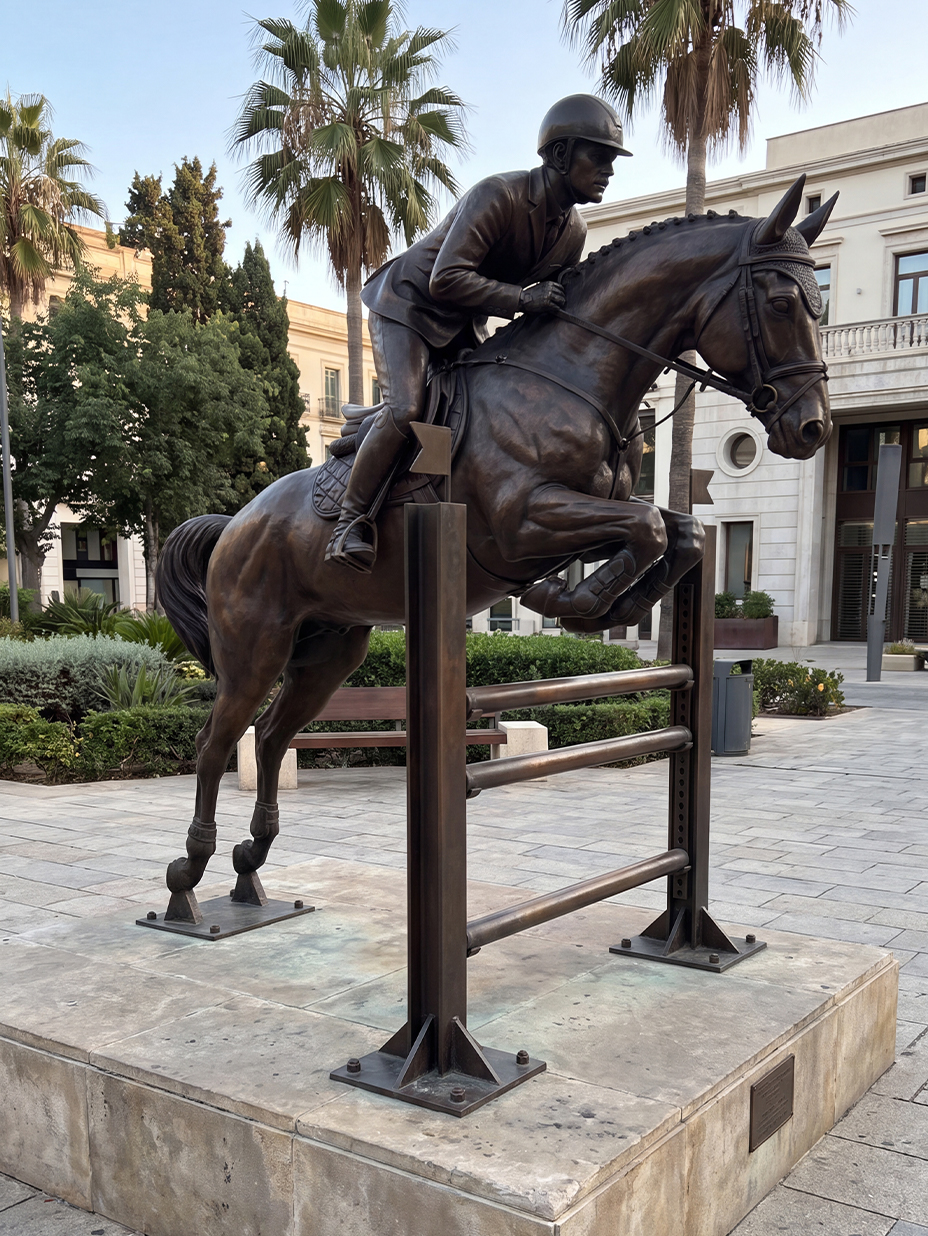 Sculpture sur mesure représentant un cheval et son cavalier franchissant un obstacle