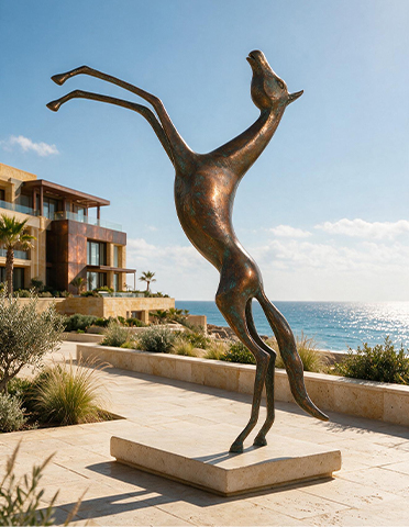 Sculpture de cheval extérieure en bronze installée sur un socle dans un jardin de villa en bord de mer