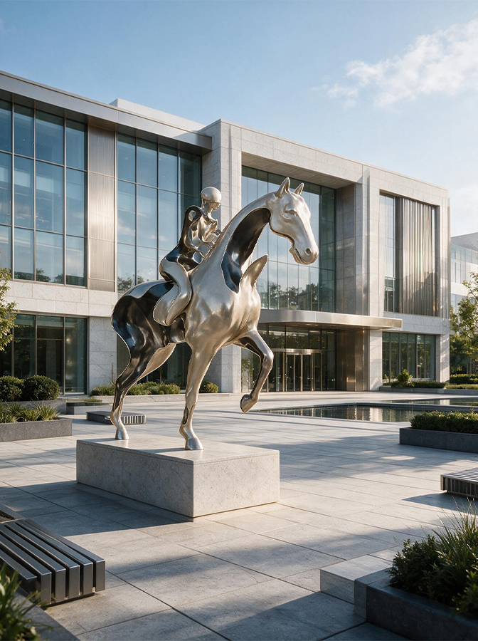 Sculpture extérieure en inox représentant un cavalier sur un cheval installée devant un bâtiment contemporain