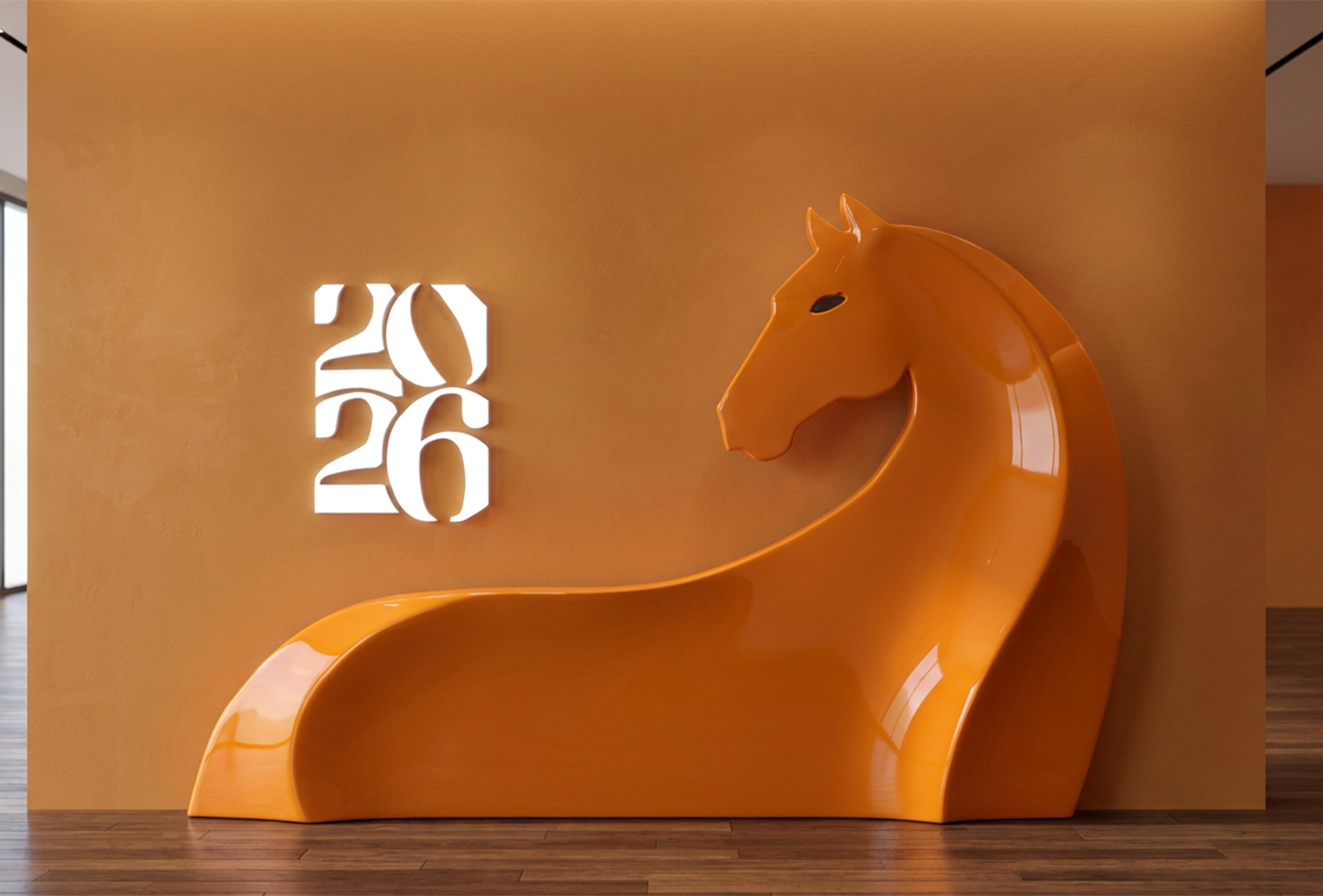 Sculpture de cheval grandeur nature orange au design contemporain installée dans un espace intérieur
