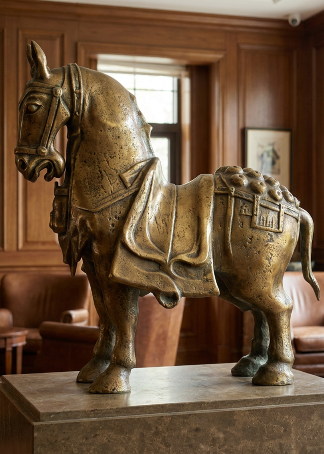 Sculpture de cheval en métal avec finition bronze exposée sur un socle dans un intérieur haut de gamme