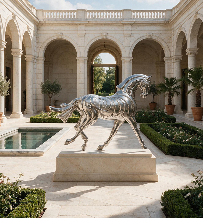 Sculpture monumentale de cheval en métal poli installée dans le patio d’une villa de prestige
