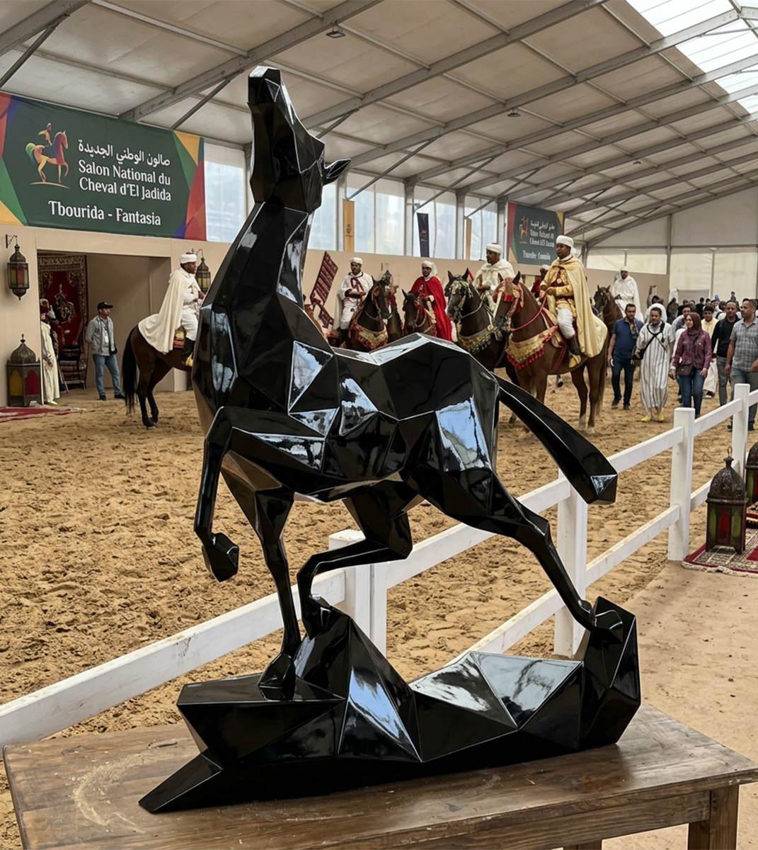 Sculpture polygonale noire représentant un cheval exposé dans un espace équestre au Maroc
