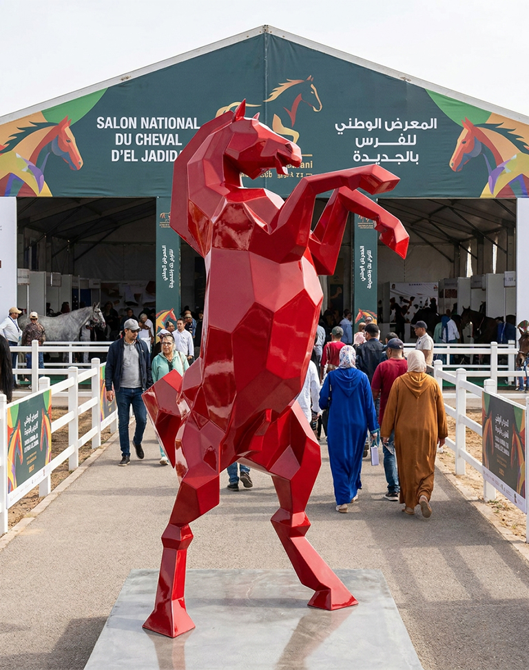 Sculpture monumentale polygonale rouge représentant un cheval cabré lors d’un événement équestre au Maroc