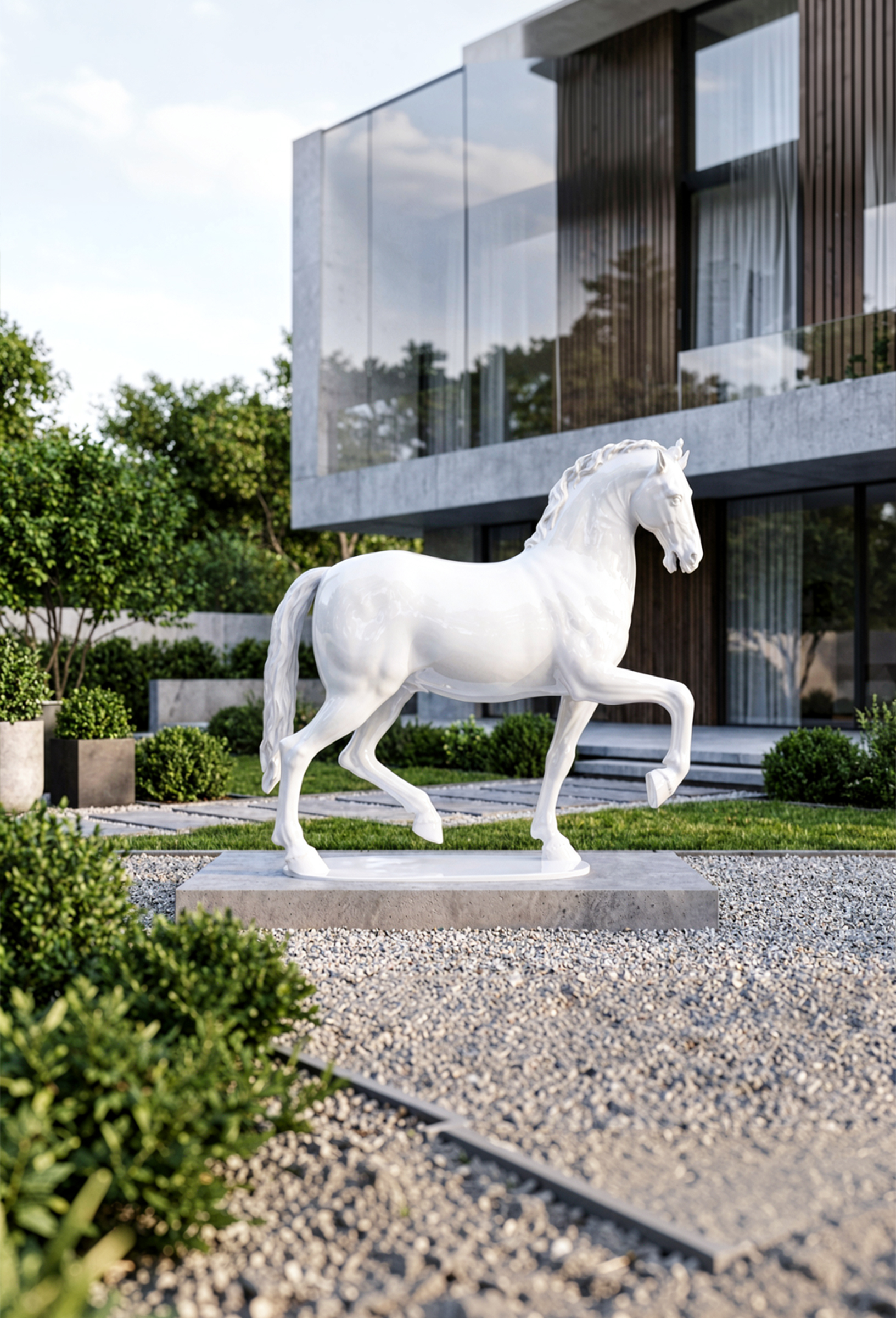 Sculpture de cheval sur mesure blanche installée dans le jardin d’une villa contemporaine au Maroc