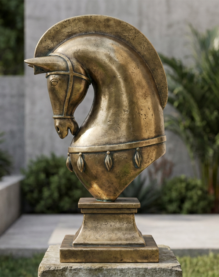 Sculpture réaliste de tête de cheval avec finition bronze patiné présentée sur un socle dans un jardin